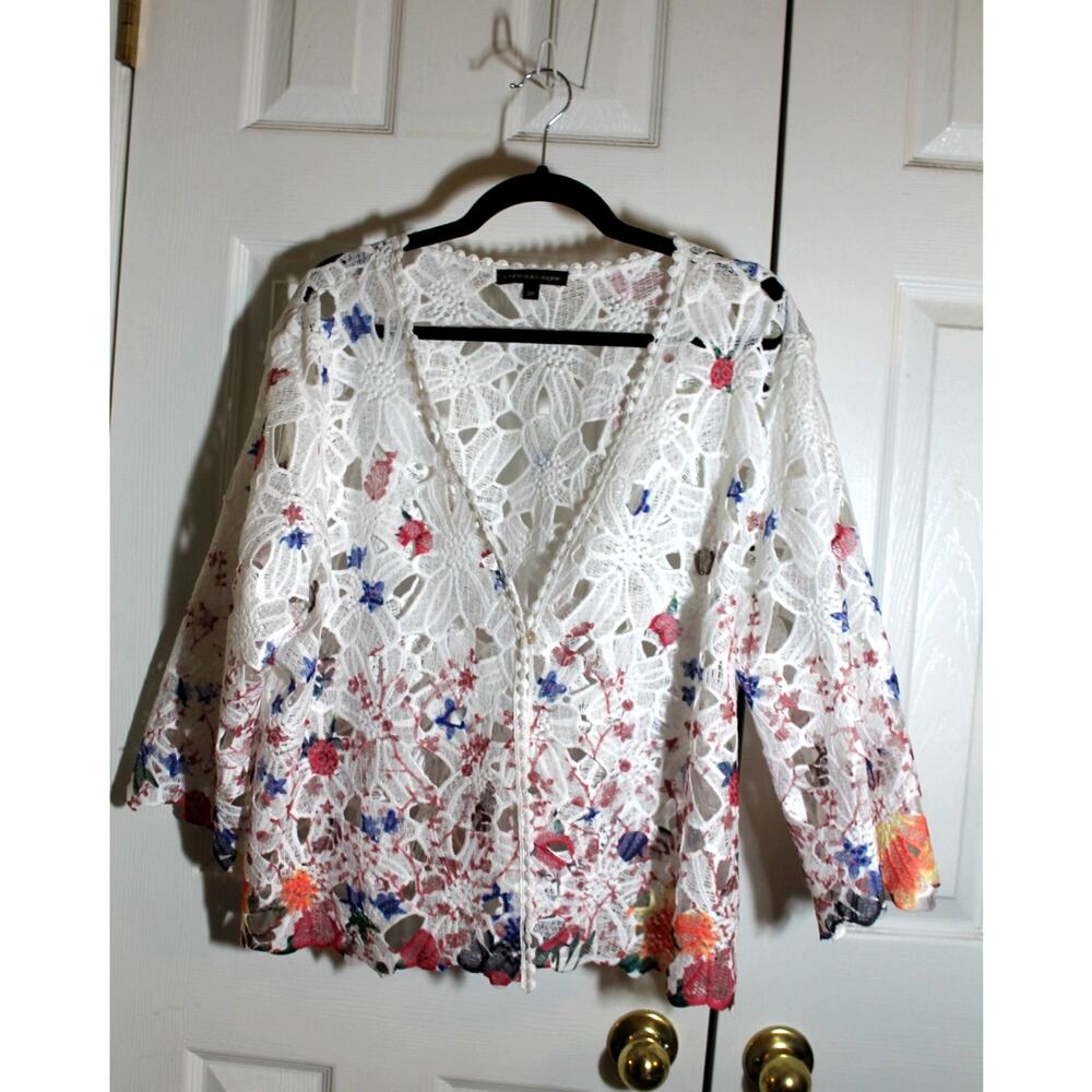Chris McLaughlin White Floral Print Lace Cardigan sz 2X